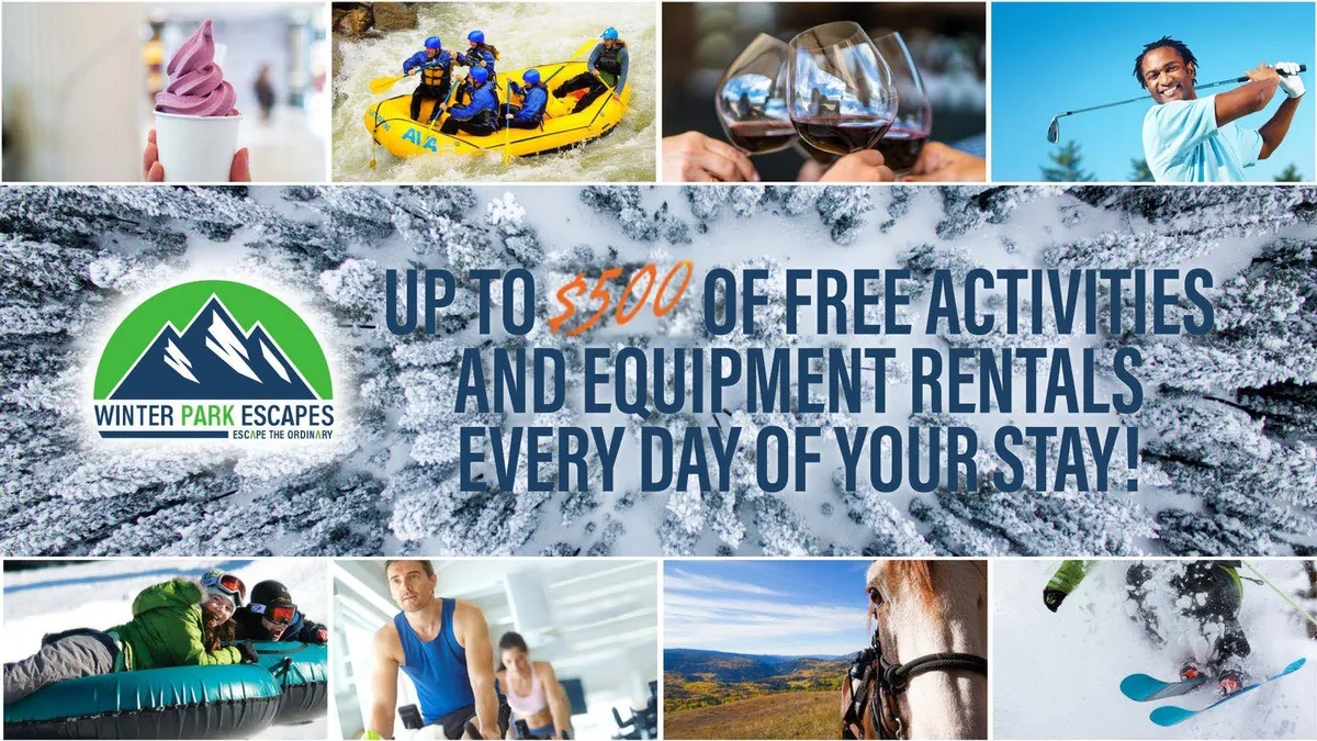 A vibrant collage of outdoor adventure activities, including rafting, skiing, horseback riding, golfing, enjoying ice cream, and wine tasting. The diverse range of experiences highlights the resort’s complimentary adventures program and the spirit of mountain exploration.