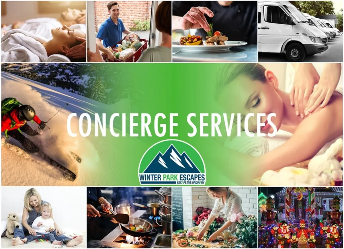 A collage-style interior image with visual cues representing skiing, spa treatments, family gatherings, culinary experiences, and festive decorations. The composition hints at a variety of activities and amenities available at the resort, from winter sports to holiday celebrations and memorable family moments.