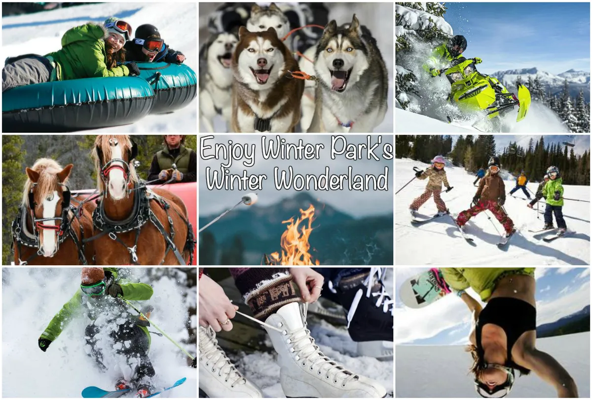 An energetic winter scene featuring families and children actively participating in a variety of snowy activities—people are seen snow tubing, skiing, engaging in snowball fights, and warming up by a cozy fire. Huskies and snowmobiles add to the wintry adventure, while a horse-drawn sleigh and ice skaters complete the lively, family-friendly atmosphere.