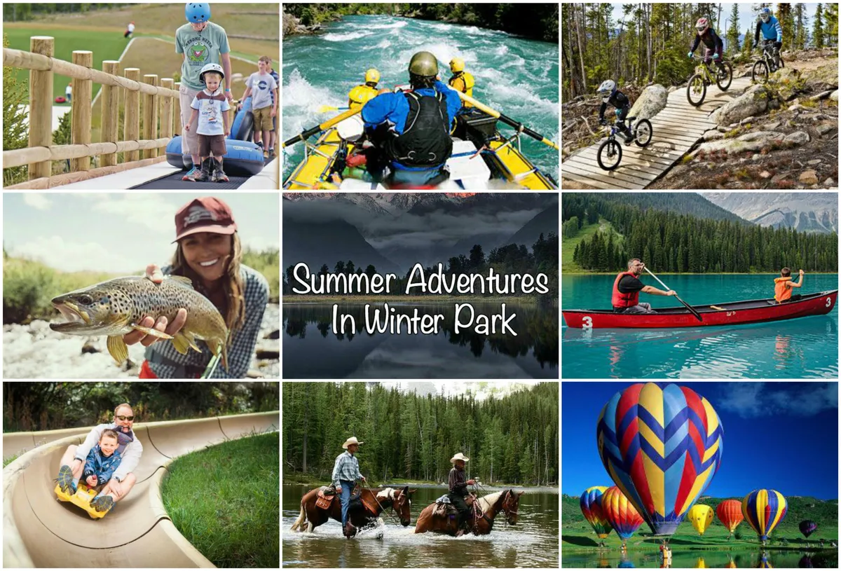 A colorful summertime adventure scene with families enjoying water sports like rafting and kayaking, mountain biking through nature, horseback riding, and even hot air ballooning. The setting is lush, bright, and full of movement, highlighting both adrenaline-filled and peaceful moments shared outdoors.